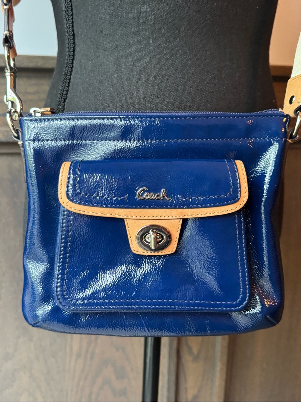 Coach Patent Crossbody in Royal Blue with Tan Trim